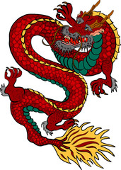 Japanese red dragon tattoo.Dragon on red background for Chinese New Year.Gold Chinese Dragon vector.Gold line art King Dragon tattoo.cartoon vector for t-shirt.