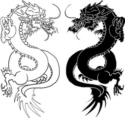 Japanese red dragon tattoo.Dragon on red background for Chinese New Year.Gold Chinese Dragon vector.Gold line art King Dragon tattoo.cartoon vector for t-shirt.