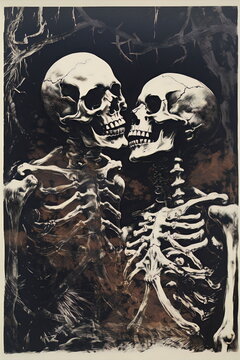 two skeletons kissing illustration diagram vintage lithograph print texture, halloween horror