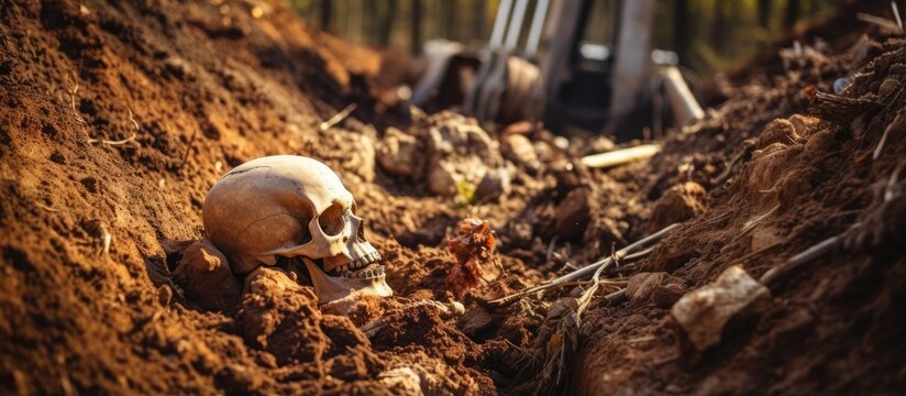 Archaeological dig uncovers human remains outdoors With copyspace for text
