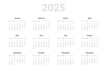 2025 Annual Calendar template. Vector layout of a wall or desk simple calendar with week start Monday. Calendar design in black and white colors, holidays in red colors.