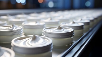 White glass bottles of face cream in rows, cosmetics laboratory assembly line