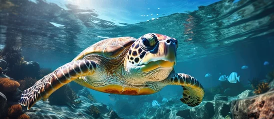 Fototapete Zanzibar Underwater life sea turtle swimming in vibrant blue ocean during scuba dive photographed With copyspace for text