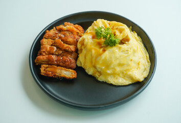 Food: Creamy egg rice, crispy chicken, teriyaki flavor, delicious soft texture.