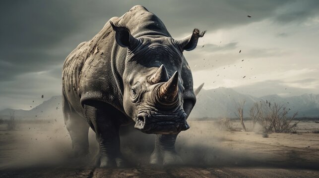Close-up of an angry male rhino with textured background and space for text, background image, AI generated