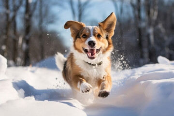 Fototapety  Happy dog running in a snow at winter