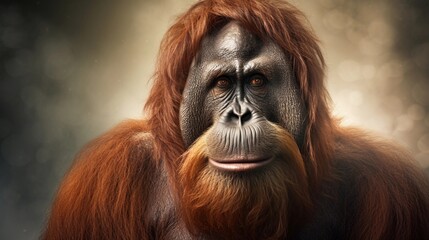 Close-up of an awesome male orangutan with textured background and space for text, background image, AI generated - obrazy, fototapety, plakaty
