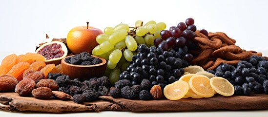 Various types of dried fruits including wheat dates raisins black grapes mulberry elazig carob fig and apple With copyspace for text - obrazy, fototapety, plakaty