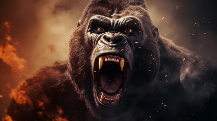 Close-up of roaring angry male gorilla with textured background and space for text, background image, AI generated
