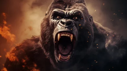 Fotobehang Close-up of roaring angry male gorilla with textured background and space for text, background image, AI generated © Hifzhan Graphics