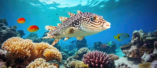 Fototapeten Snorkeling among vibrant coral reefs capturing underwater photos and encountering tropical fish like the pufferfish and venomous white spotted fish With copyspace for text © 2ragon
