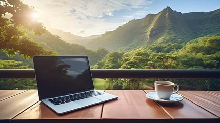 Poster Workspace with laptop and coffee on wooden table with nature mountain background, Freelance worker. © Oulaphone
