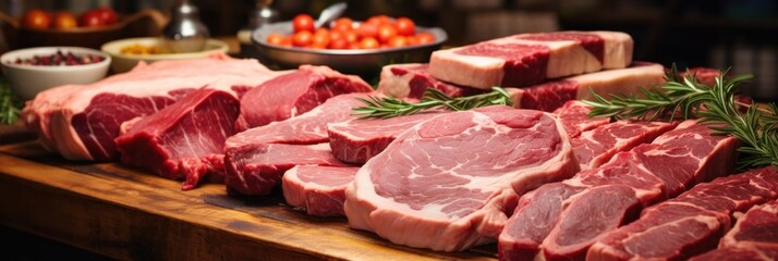 illustration of fresh raw red meat, variety of prime meat steaks, generative AI - obrazy, fototapety, plakaty