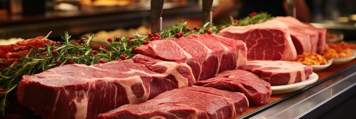 illustration of fresh raw red meat, variety of prime meat steaks, generative AI - obrazy, fototapety, plakaty