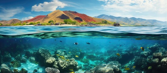 Fototapeta na wymiar Diving with komodo in underwater reefs With copyspace for text