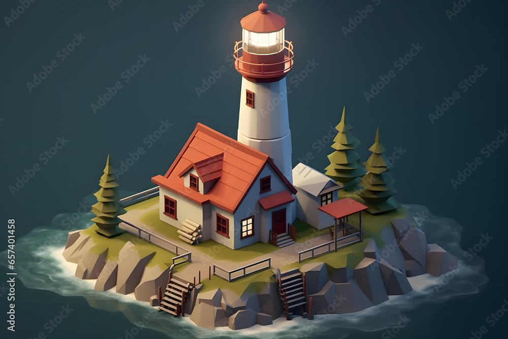 Poster lighthouse 3d isometric rendering style