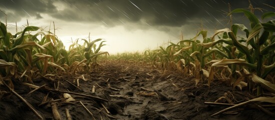Maize field destroyed by hail and heavy rain With copyspace for text