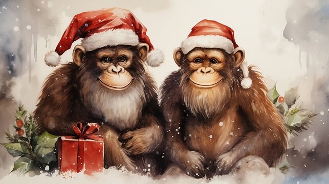Cute monkeys Santa Claus. watercolor holiday postcard
