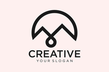 Mountain Logo. White Mount Silhouette Geometric Triangle Shape isolated on Blue Background. Flat Vector Logo Design Template Element.