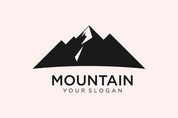 Mountain Logo. White Mount Silhouette Geometric Triangle Shape isolated on Blue Background. Flat Vector Logo Design Template Element.