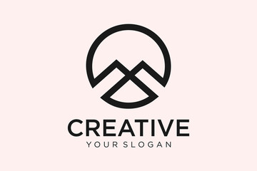 Mountain Logo. White Mount Silhouette Geometric Triangle Shape isolated on Blue Background. Flat Vector Logo Design Template Element.