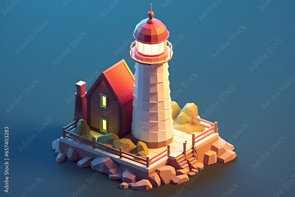 Poster lighthouse 3d isometric rendering style