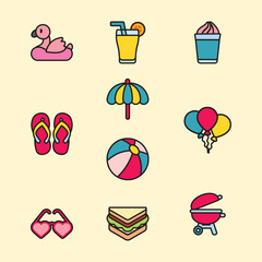 Set of Summer Party Cute Flat Line Illustration