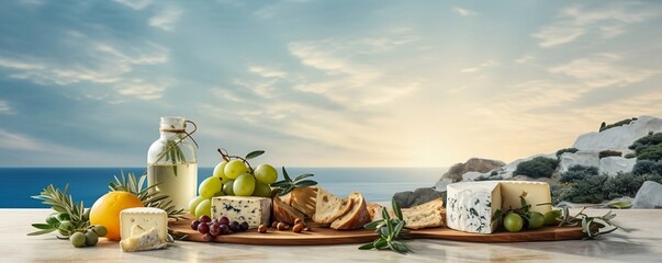 different tasty type of cheese with grapes on wooden desk by swimming pool at villa  - Powered by Adobe