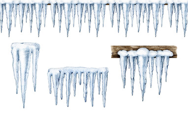 Icicles painted watercolor illustration set. Hand drawn frozen water. Winter time seasonal outdoor scene. Painted icicle elements, seamless border isolated on white background - obrazy, fototapety, plakaty