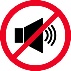Forbidden sign with loudspeaker glyph flat icon. Indicating signal to noise ban. Speaker with...