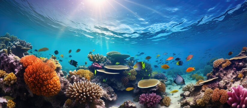Vibrant coral reef with diverse fish and stunning scenery beneath tropical sea With copyspace for text