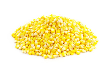 Heap of raw corn seeds isolated on white background	