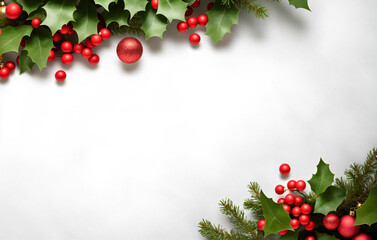 Christmas decoration with flowers of red poinsettia, branch Christmas tree, ball, red berry on a white background with space for text