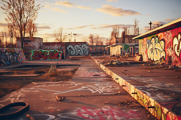 Empty skate park with graffiti tags