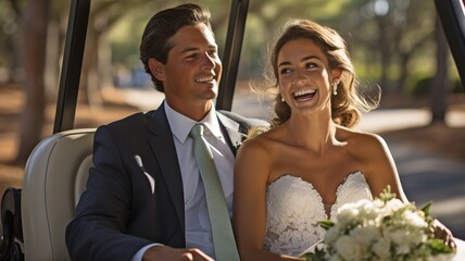 In a golf cart, a couple.