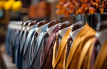 A stylish business suit is on display in a suit store. Hangers line up with strict high pricey suits and accessories.. - obrazy, fototapety, plakaty