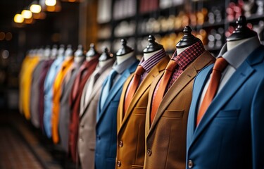 A stylish business suit is on display in a suit store. Hangers line up with strict high pricey suits and accessories.. - obrazy, fototapety, plakaty
