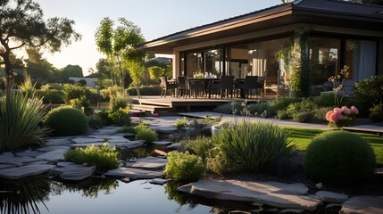 Fototapeta na wymiar Luxury resort, Garden with pool, generative AI
