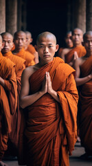 Naklejka premium In the background of the real temple, a group of monks face the camera with their hands folded