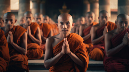 In the background of the real temple, a group of monks face the camera with their hands folded - obrazy, fototapety, plakaty