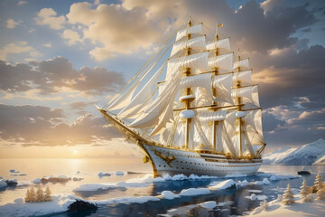 Stunning view of a graceful white and gold Tall Ship navigating icy winter waters.