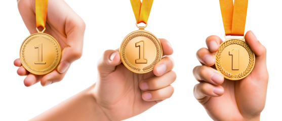 Set of hands holding golden medals for first place, cut out