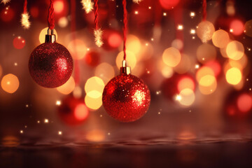 Red and Gold Christmas balls on defocused lights Christmas background with bokeh lights and stars. Ai Generative.