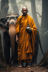 a monk standing next to an elephant.