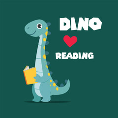 Dino Love Reading Vector Flat Illustrations perfect for design Kid Tshirt, Drawing Book Cover, or Merchendise