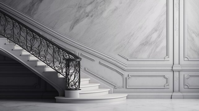 A marble staircase with a detailed handrail against a textured marble wall, with space for text. background image, AI generated