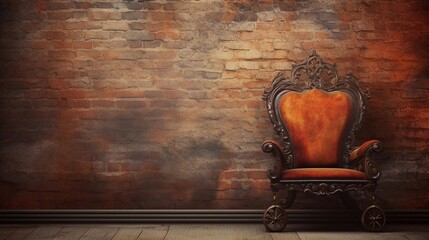 Close-up image of a beautiful artistic antique chair with space for text and clean vibrant brick wall textured background, background image, AI generated - obrazy, fototapety, plakaty