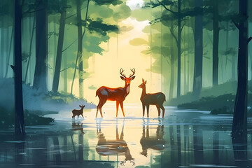 deer and her calf are drinking in the river illustration style