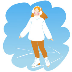 Winter vector illustration with girl who enjoys skating on an ice rink.