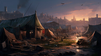 ancient City with tents and garbage. Homeless beggars everywhere. Generative AI 